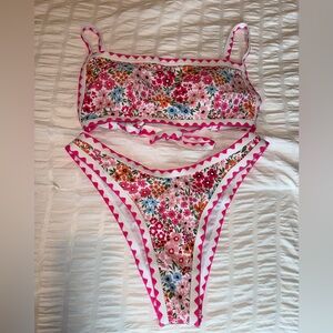 Women’s Pink trim Floral Bikini with multi color design size L